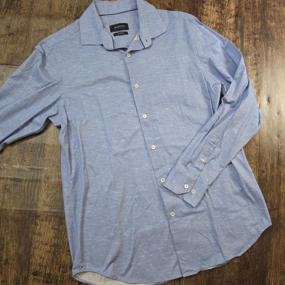 BUGATCHI Button Down Shirt Mens L Blue OoohCotton Tech 8 Way Stretch Long Sleeve
